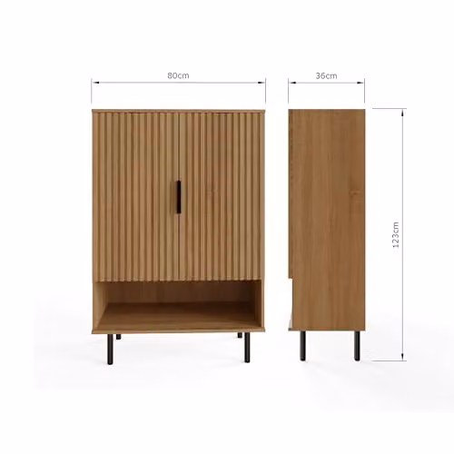 GFW Nervata Oak Multi Storage Cabinet with Ribbed Detailing and Open Shelving, W/D/H: 122 x 36 x 80 cm – 2