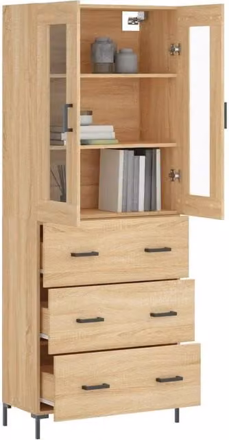 Berkfield Home Sonoma Oak Highboard in Light Tan with Glass Doors, W/D/H: 69.5 x 34 x 180 cm