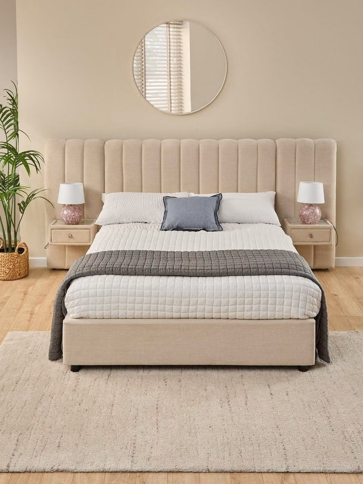 Amaya Upholstered Double Bed in Beige with Built-in Side Tables and Drawers, 140 x 200 cm