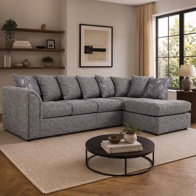 Furnishings For Less UK Byron Dundee Chenille Fabric 5 Seater L Shaped Corner Sofa in Grey, Right Hand Facing