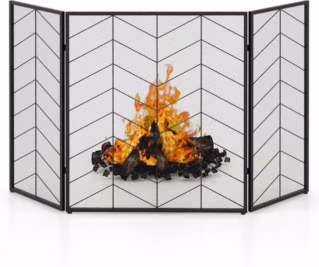 Costway 3-Panel Folding Metal Spark Guard in Black