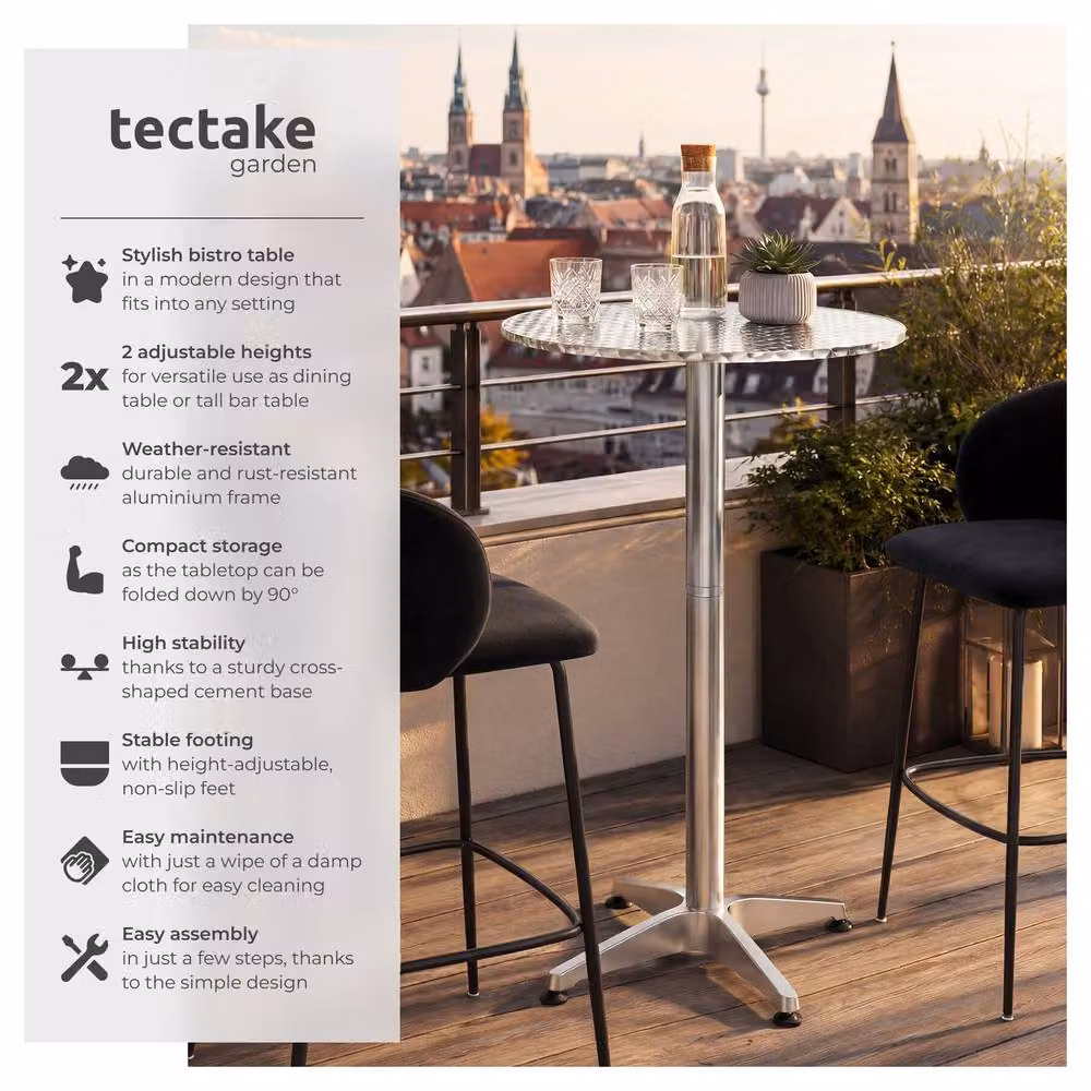 tectake Viktor Aluminum Bistro Table in Silver, Foldable and Height-Adjustable, Diameter: 60 cm – 2