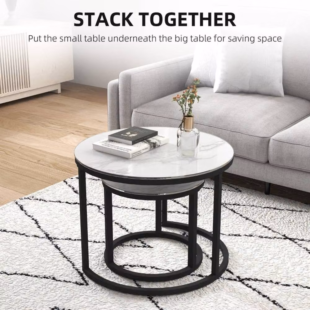 STILVORA 2 Piece Modern Round Nesting Coffee Table Set with Glass Tops and White Metal Sled Base – 5