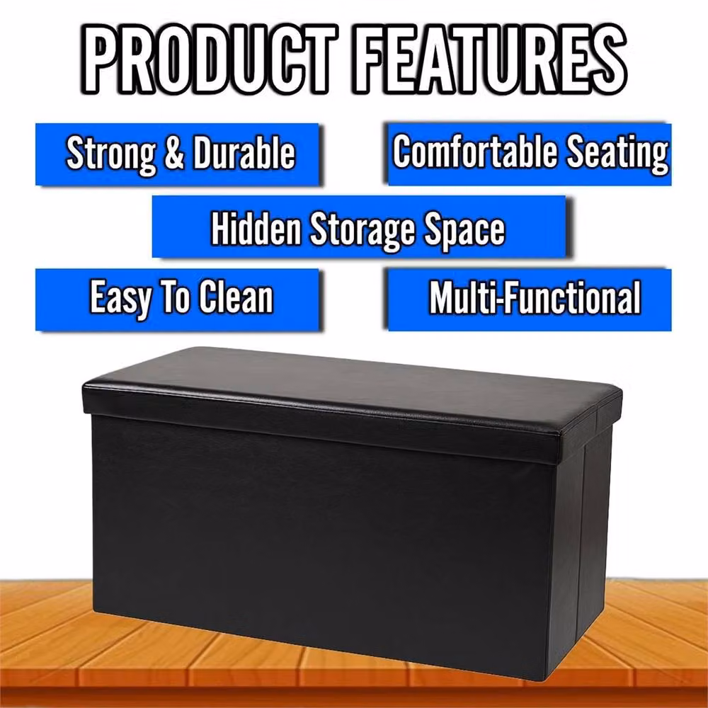 Nordara Black Foldable Ottoman Storage Bench in Synthetic Leather – 4