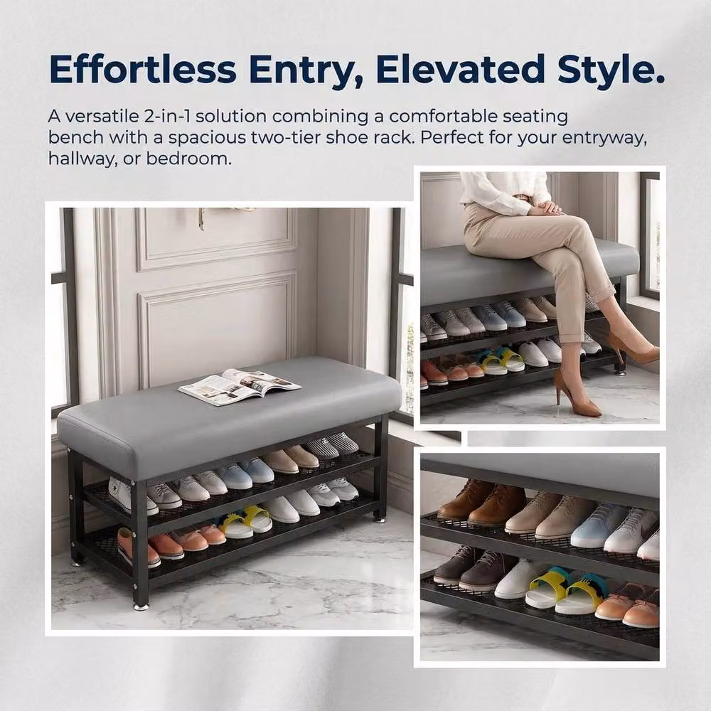 KORVIXA Grey Synthetic Leather Shoe Bench and Storage Rack – 2