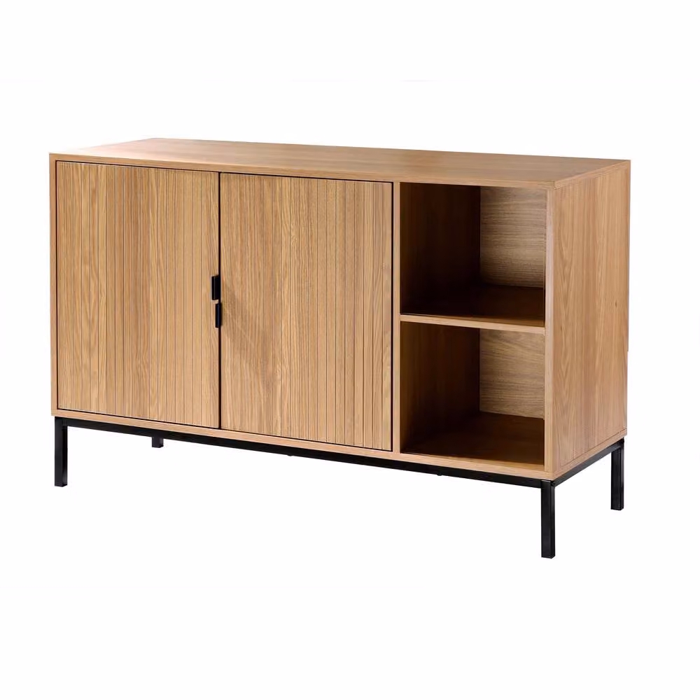CALICOSY 2-Door Sideboard with 2 Open Niches, Grooved Wood Effect in Light Brown, W: 110 cm, D: 40 cm, H: 72 cm – 3