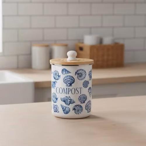 Purely Home Blue Seashells Compost Caddy - Enamel Metal Kitchen Food Waste Bin with Removable Inner Bucket and Odour Filter, 2L – 2
