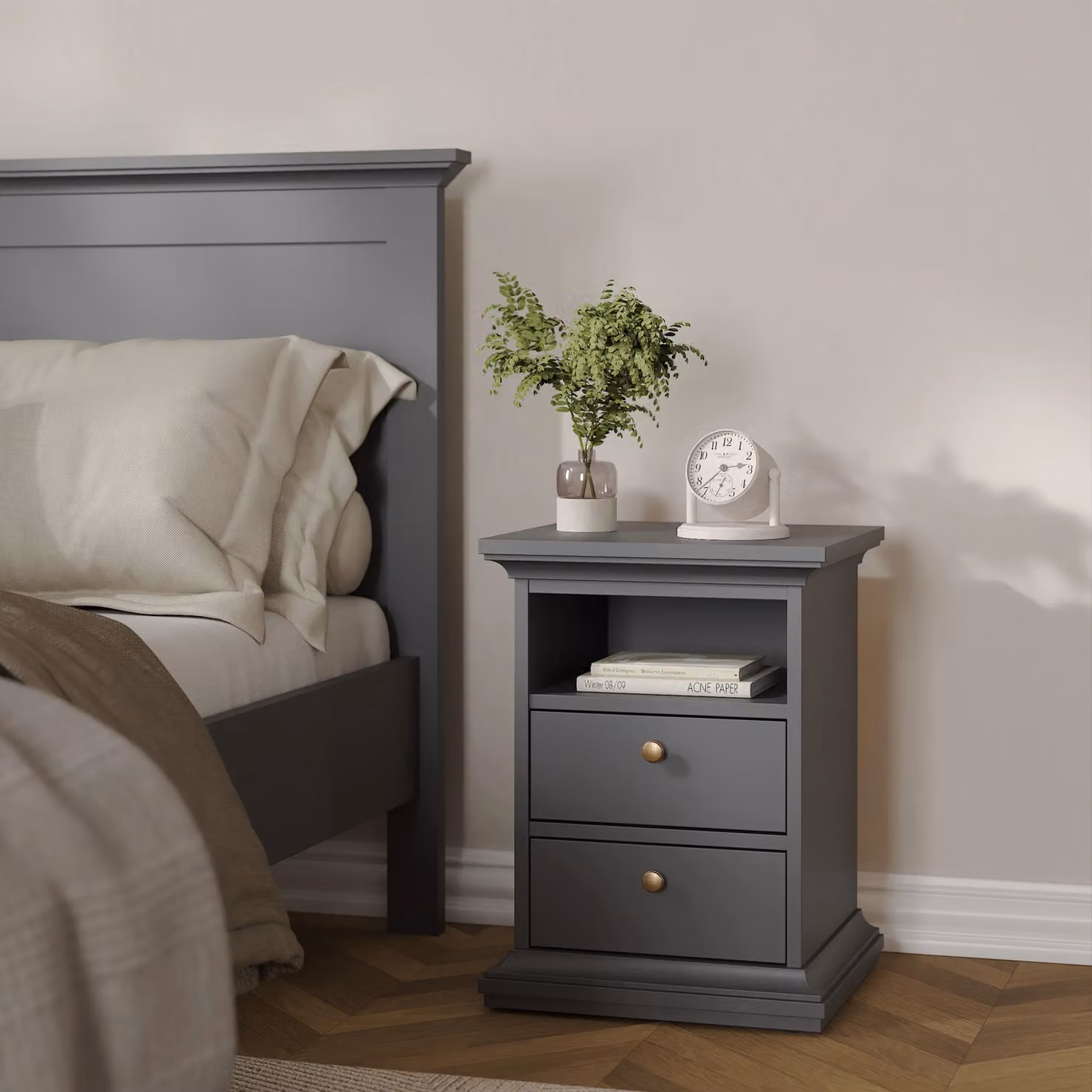 Furniture To Go Paris Classic Bedside Cabinet with 2 Drawers in Grey – 3