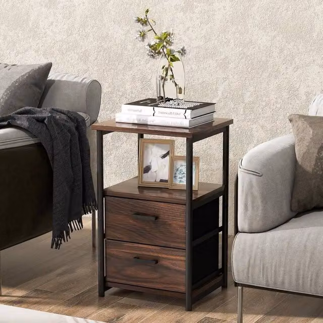 KORVIXA Industrial Nightstand Bedside End Table with 2 Fabric Drawers and Shelf, Brown, W/D/H: 100 x 100 x 58 cm – 1