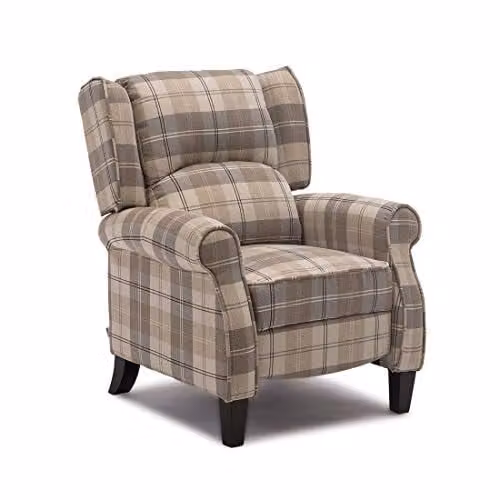 More4Homes Eaton Wing Back Fireside Check Fabric Pushback Recliner Armchair in Beige, W/D/H: 102.0 x 79.5 x 88.0 cm – 1