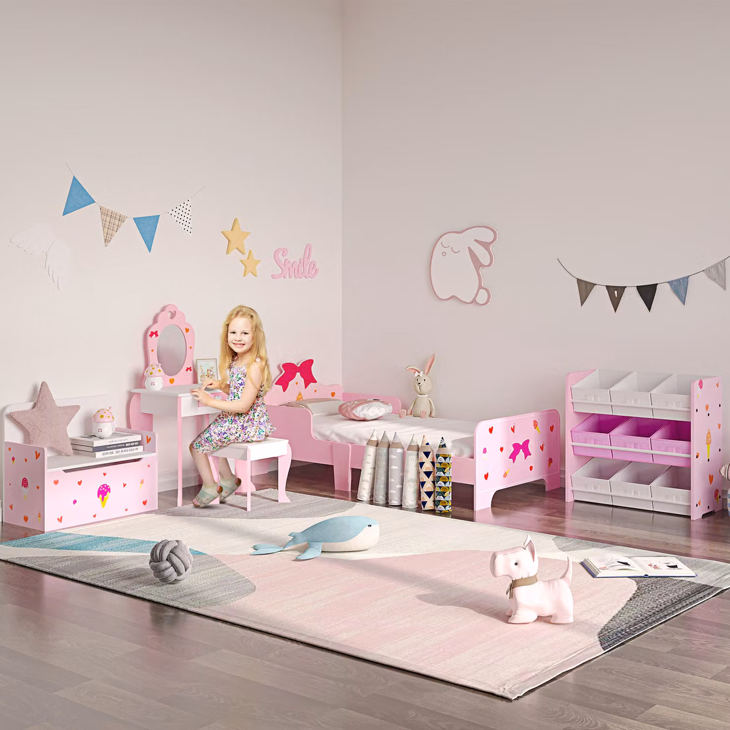 ZONEKIZ Pink Kids Vanity Set with Dressing Table, Mirror, Stool and Drawer for Children Aged 3-6 Years – 2