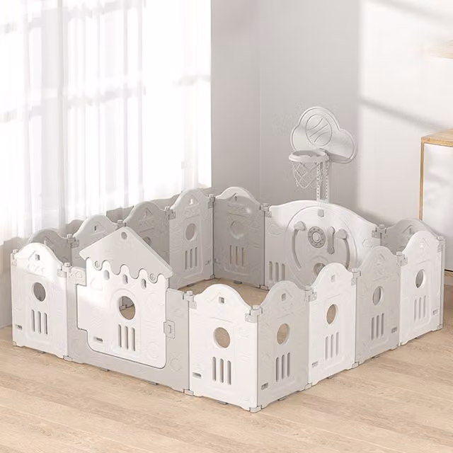 Livingandhome Foldable and Configurable Baby Playpen with Hoop Playmat in Grey and White