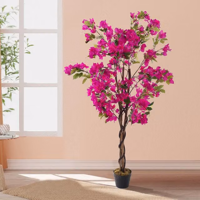 Livingandhome Artificial Red and Pink Bougainvillea Blossom Tabletop Tree in Pot
