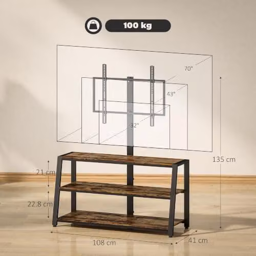 HOMCOM Industrial TV Stand Cabinet with Swivel Bracket for 32-70 Inch TVs in Rustic Brown and Black – 3