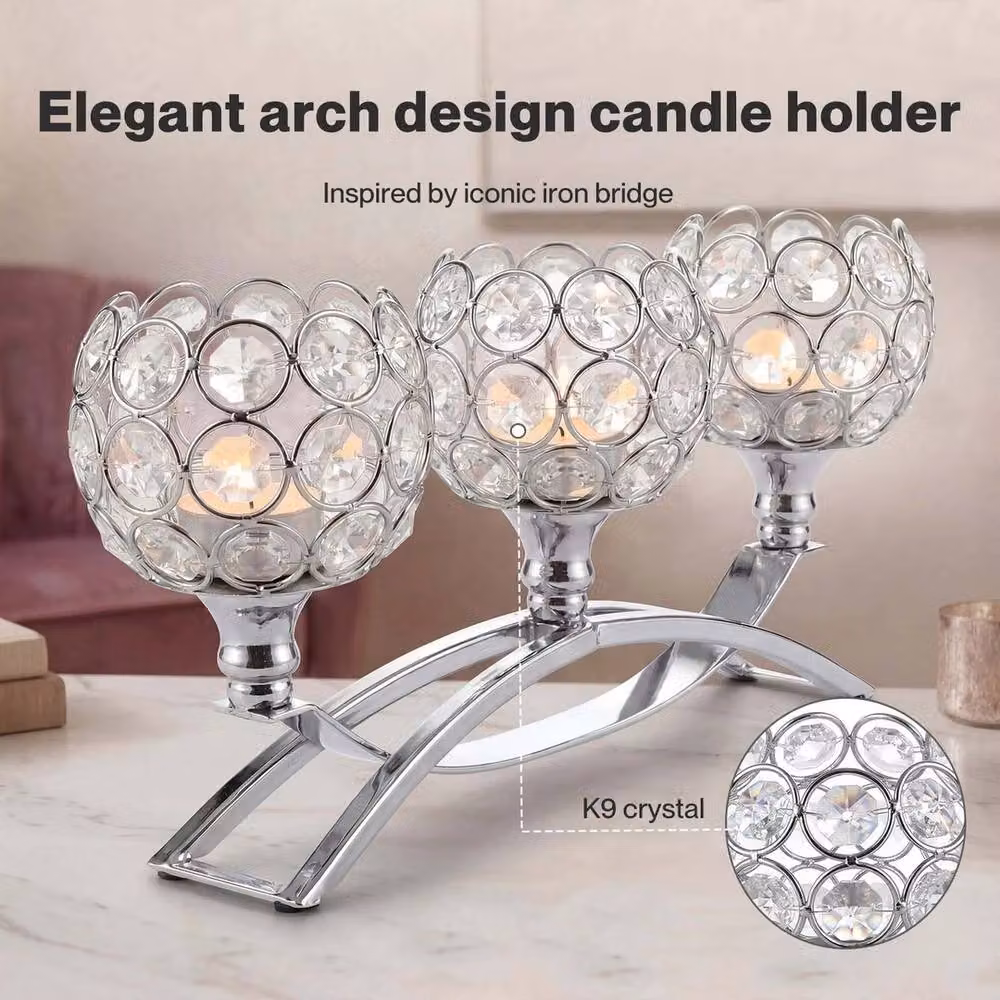 VOGREX Modern 3 Arm Metal Table Candlestick Holder Set in Silver – 2
