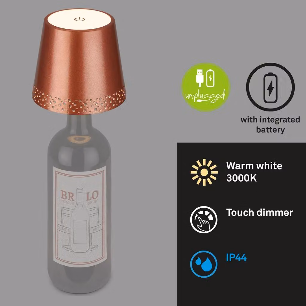 Briloner Rechargeable LED Bottle Lamp in Copper, Dimmable Touch Control Cordless Table Lamp with Warm White Light, W/D/H: 11 x 9 x 11 cm – 3