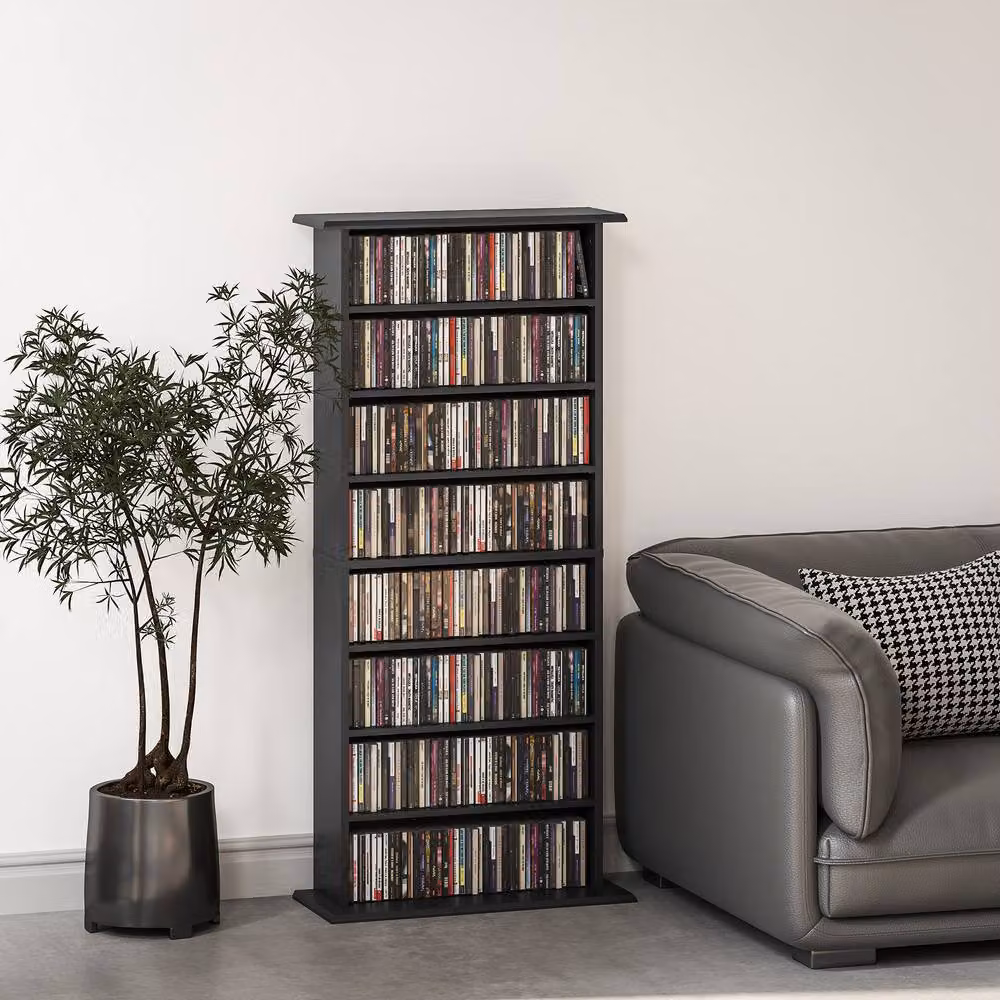 STILVORA Black CD Storage Tower with Adjustable Shelves and Back Panel – 8