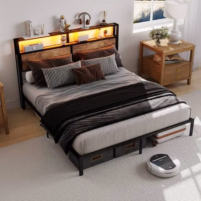 STILVORA Double Bed Frame in Black with LED Lighting and Storage Headboard, W/D/H: 140 x 200 x 137 cm – 1