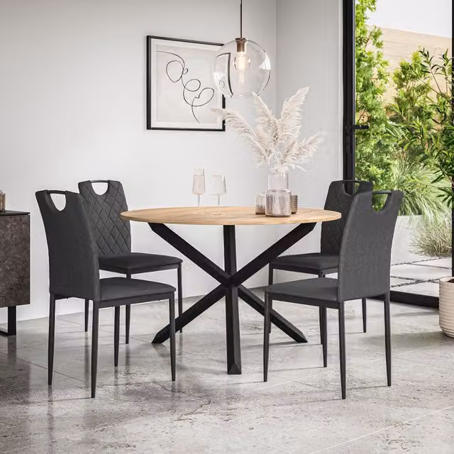 More4Homes Malvern Round Dining Table and Set of 4 Monza Fabric Dining Chairs in Charcoal and Oak