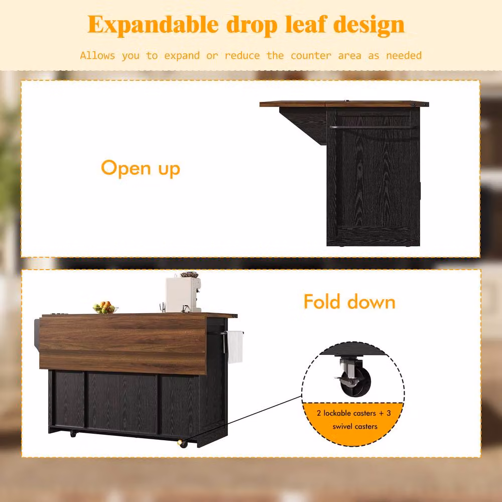 Rolipo Farmhouse Kitchen Island Trolley with Power Sockets and Drop Leaf in Black – 6