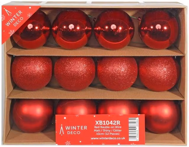 KDMD 12 Pack Red Round Christmas Baubles with Matt and Shiny Glitter Finish on Wire