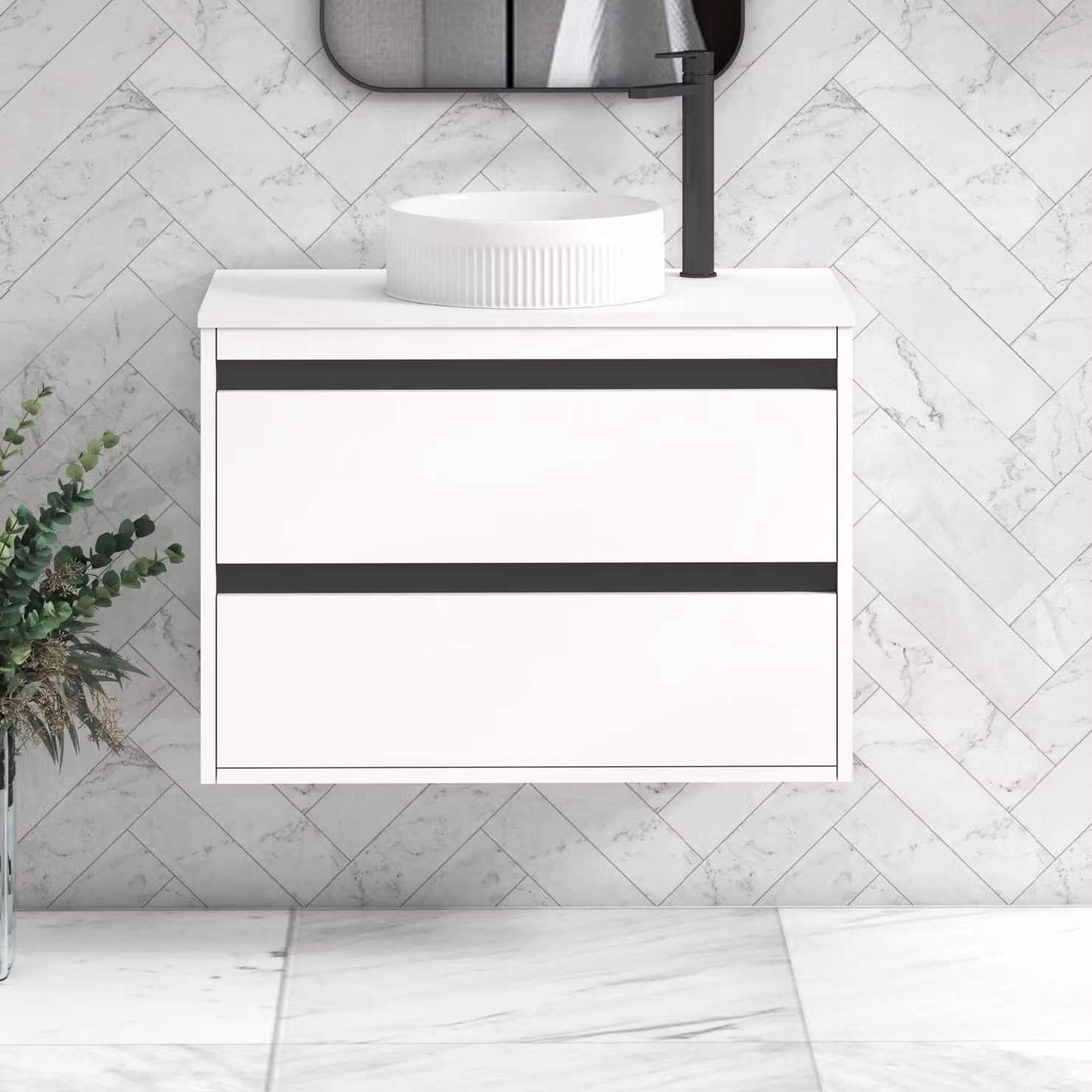 Royal Bathrooms Orion 800mm Wall Hung Matt White Vanity Unit with 2 Drawers, Round Basin and Black Accent Trim