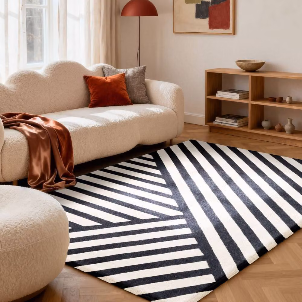 Ted Baker Noir Geometric Wool Handwoven Rug in Black and White, W: 160 cm, L: 230 cm – 3