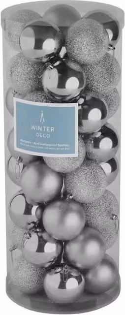 KDMD 48 Silver Round Plastic Christmas Baubles, Diameter: 8 cm – 1