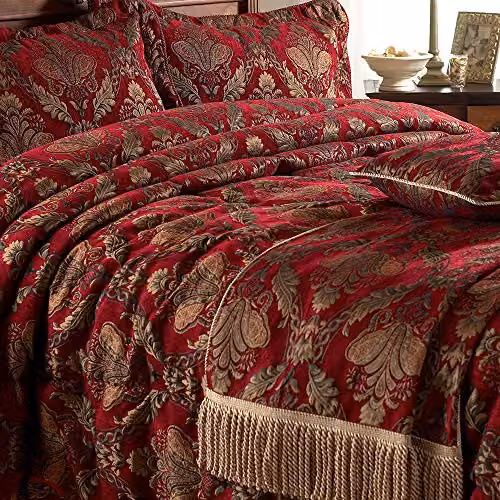 Paoletti Shiraz Throw Bed Runner in Burgundy Red and Gold, Embroidered Damask Jacquard with Fringes, W: 130 cm, D: 170 cm