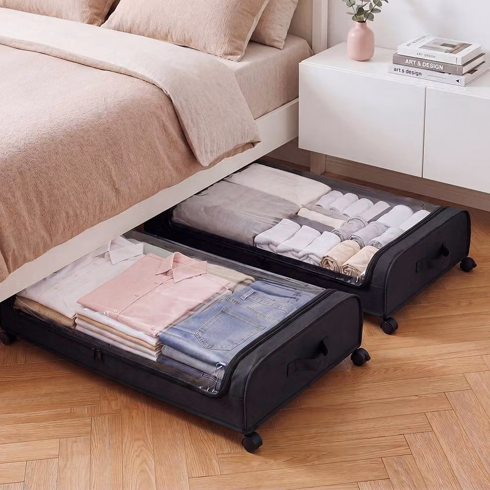Levede Set of 2 Underbed Storage Boxes with Lids, 46L, Black Oxford Fabric and Metal – 3