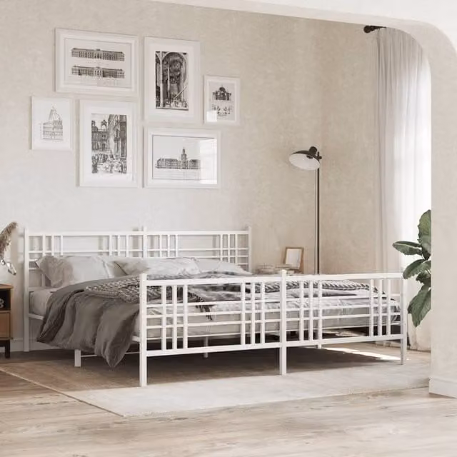 Berkfield Home Metal Bed Frame with Footboard, White, W: 183 cm, D: 213 cm