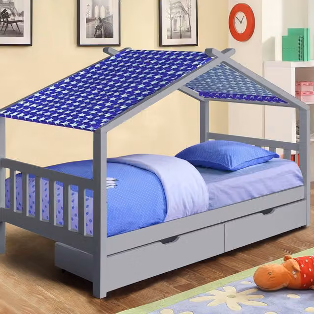 Comfy Living Wooden House Storage Bed with Drawers and Fabric Tent, Grey and Blue, W/D/H: 90 x 190 cm