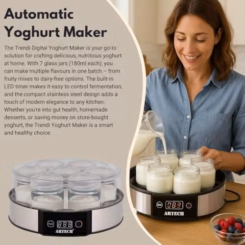 Trendi Digital Yoghurt Maker with 7 Glass Jars, Stainless Steel with LED Display and Timer in Black or Silver – 4