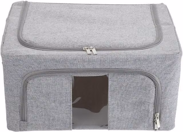 H&O Direct 100L Fabric Storage Box with Metal Frame and Windows in Grey – 1