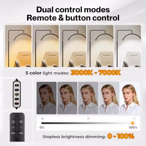 Emitto Black LED Half Moon Floor Lamp with Dimmable CCT, 360 Degree Rotation and Phone Holder for Lash Extensions, Tattoos and Beauty Salons – 4