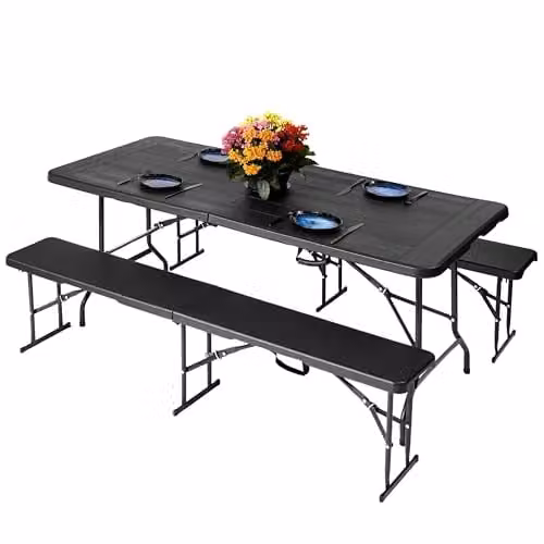 NOVECRAFTO 6ft Folding Table and Bench Seat Set with Black Wood Grain Plastic Surfaces and Steel Frames