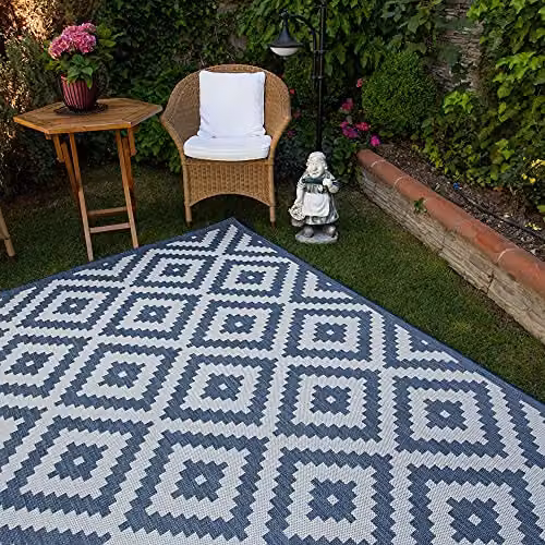 THE RUGS Geometric Diamond Indoor Outdoor Rug, Blue and White, W/D/H: 120 x 170 cm – 11