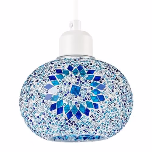 Happy Homewares Blue Moroccan Mosaic Glass Sphere Pendant Ceiling Light Shade W/D/H: 15 x 15 x 11 cm