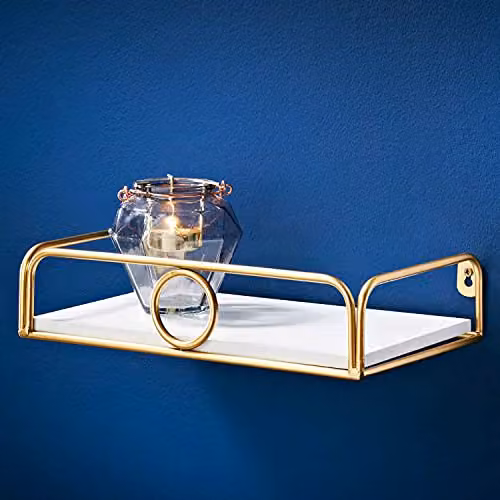 SPOT ON DEALZ White Floating Wall Shelf with Gold Ring Design, W: 30 cm, D: 18 cm, H: 6.8 cm – 2