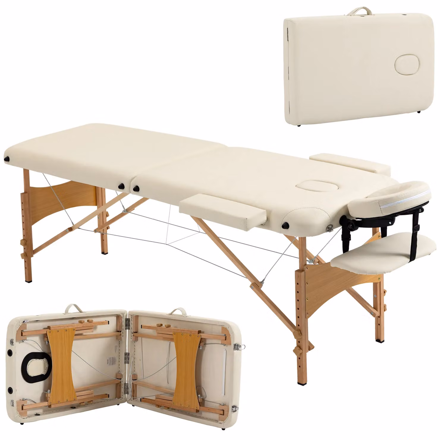 HOMCOM Wooden Folding Spa Beauty Massage Table with 2 Sections and Carry Bag in Beige – 2