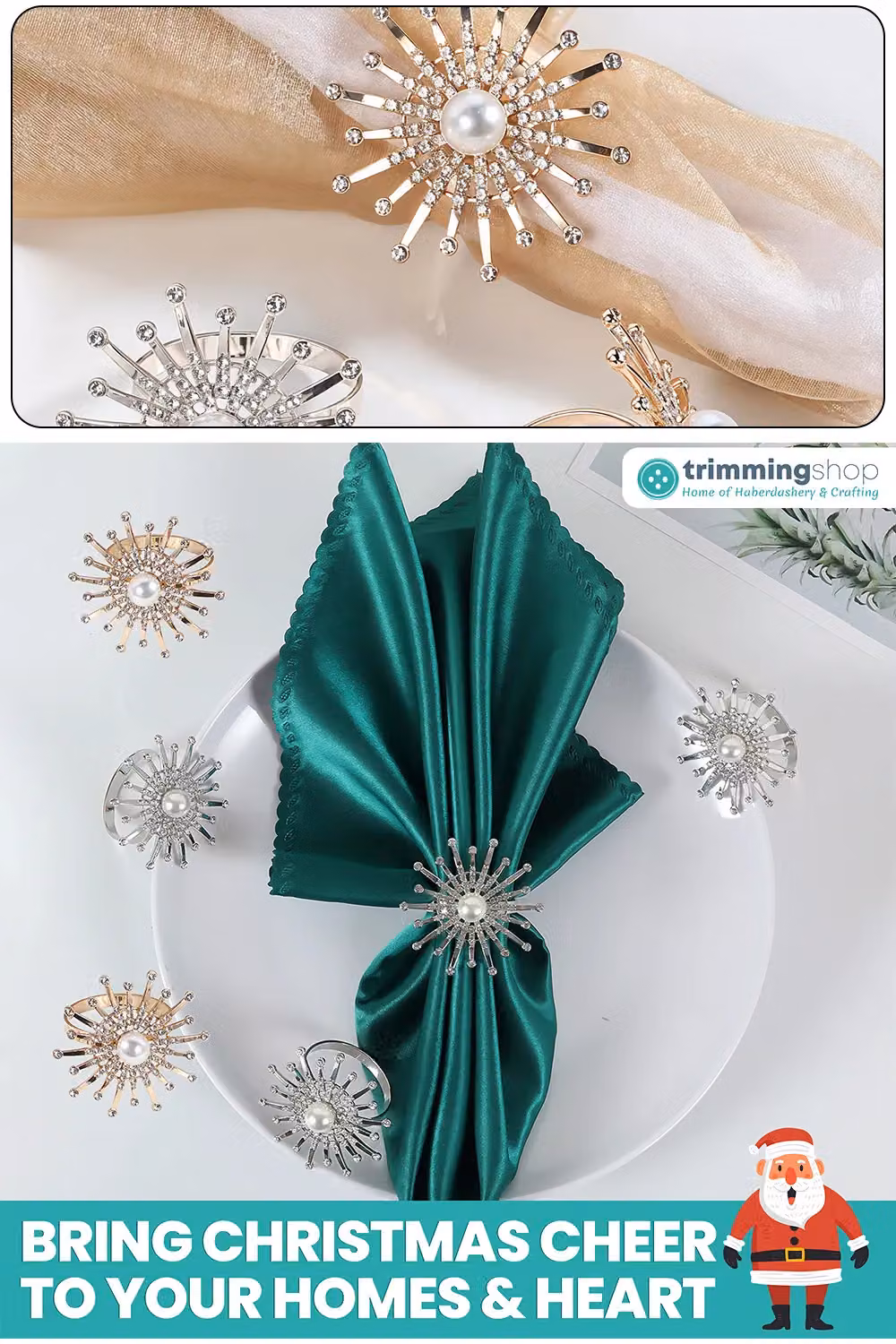 Neel Blue Sunburst Motif Pearl Napkin Rings with Gold Diamante Rhinestones – 4