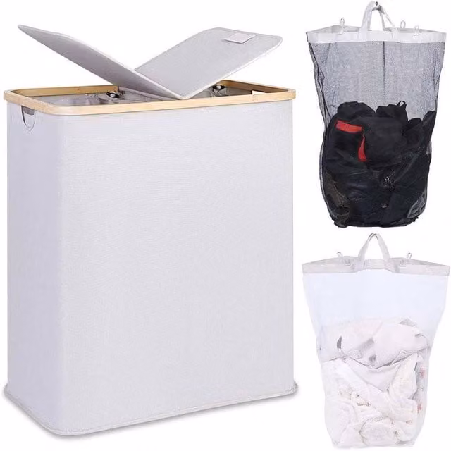 PAWNORA Grey Fabric and Bamboo Laundry Hamper with Lid, H 65.0 cm x W 57.0 cm – 1