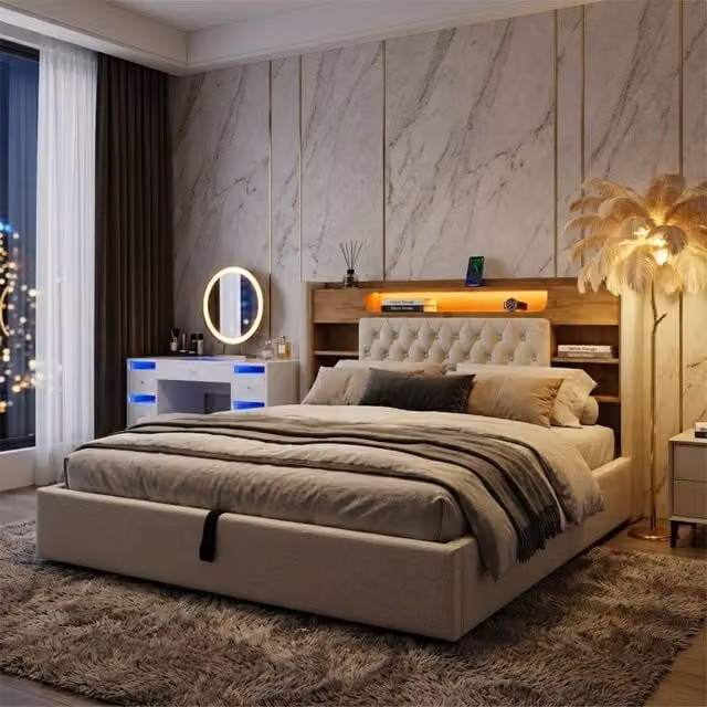 FENCHILIN Upholstered LED Bed Frame with Hydraulic Storage and Charging Station in Beige, W/D/H: 140 x 200 x 115 cm
