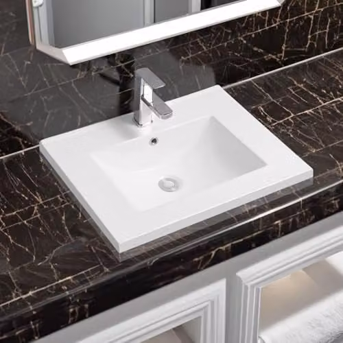 Limoge 5001 White Ceramic Rectangular Mid-Edge Inset Bathroom Basin with Scooped Bowl, W: 61 cm, D: 40 cm, H: 13.5 cm