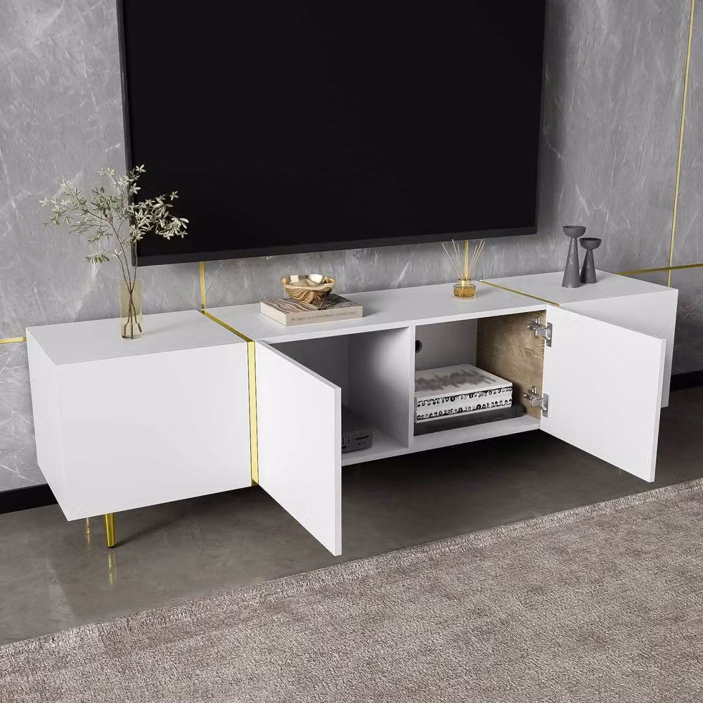 STILVORA Modern White High-Gloss TV Cabinet with 4 Doors and Gold Accents – 5