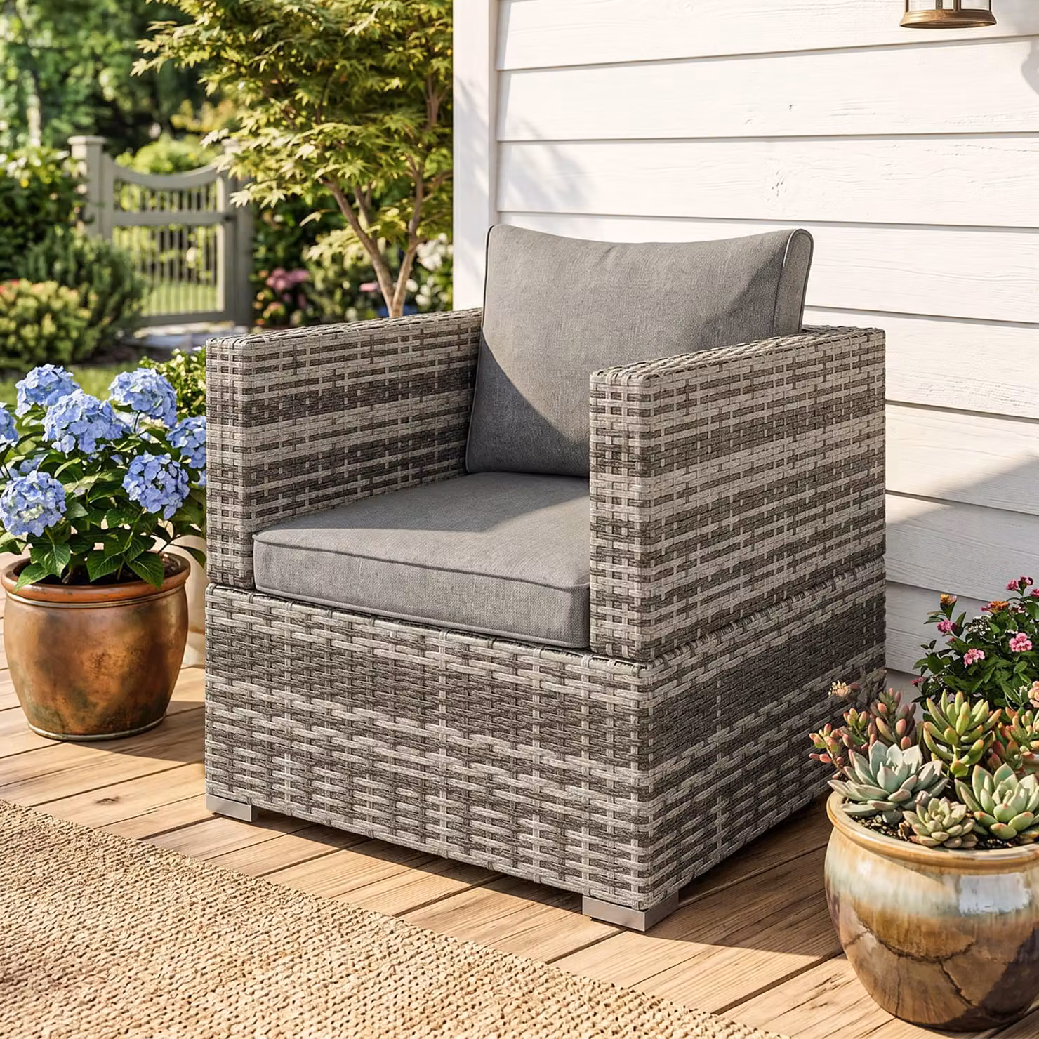 Outsunny Grey Single Rattan Outdoor Patio Sofa Chair with Padded Cushion for Garden or Balcony – 2