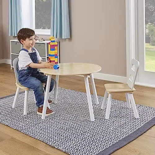 Liberty House Toys Kids Wooden Round Table and 2 Chairs Set in White and Beige, H44.0 x W60.0 x D60.0 cm
