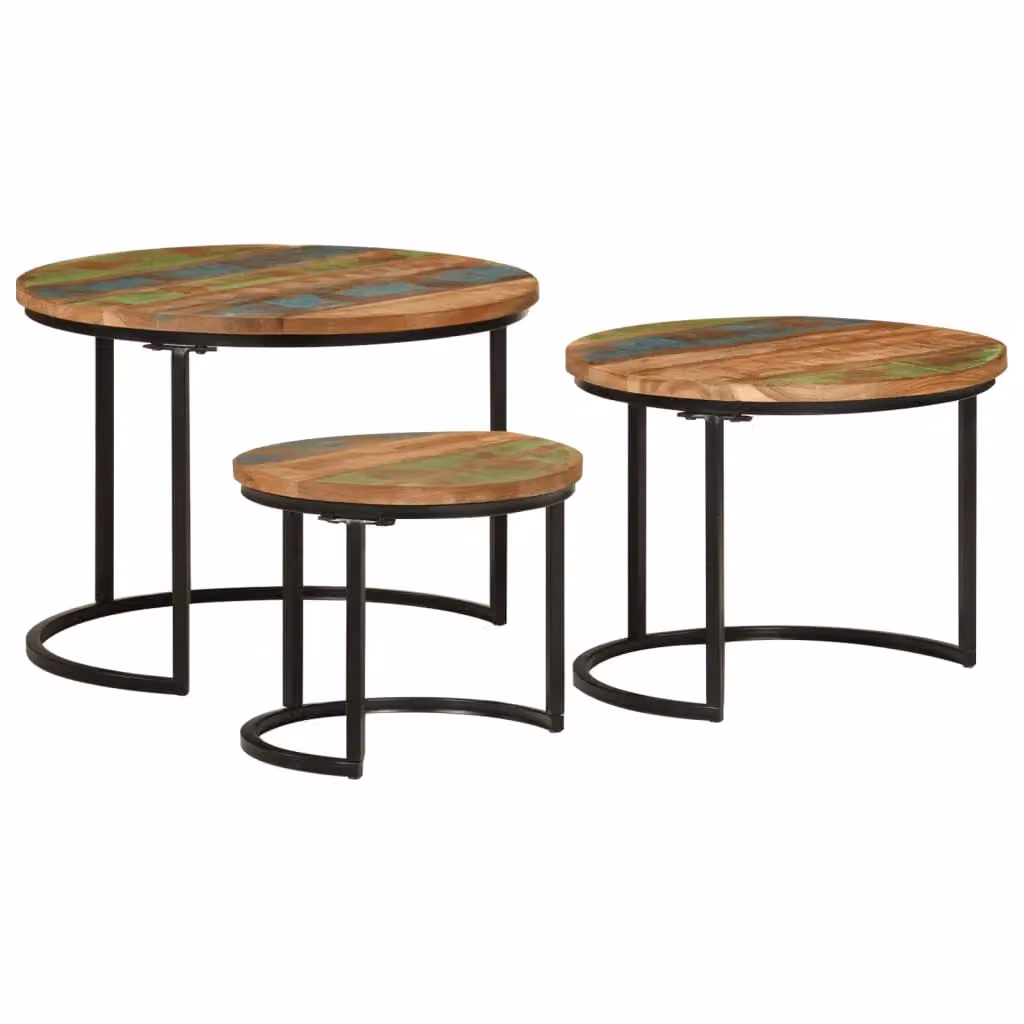 Berkfield Home Set of 3 Round Nesting Tables in Multicolour Reclaimed Solid Wood – 2