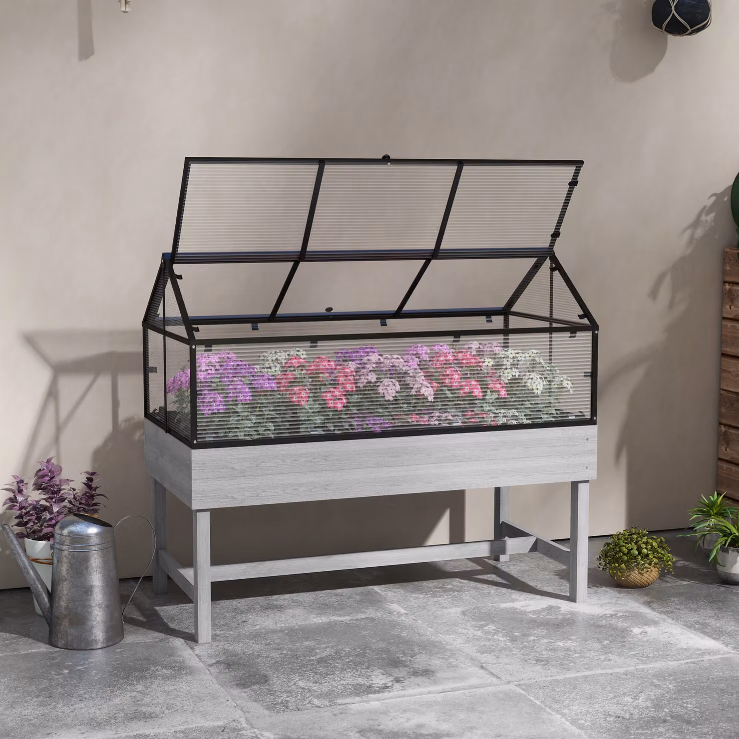 Outsunny Elevated Wood Raised Garden Bed with Mini Polycarbonate Greenhouse, Distressed Grey, W/D/H: 120 x 60 x 103 cm – 2