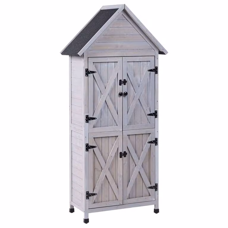 Wyld and Coco Everwood Grey Fir Wood Outdoor Garden Storage Shed with Double Doors, W: 85 cm, D: 46 cm, H: 183 cm